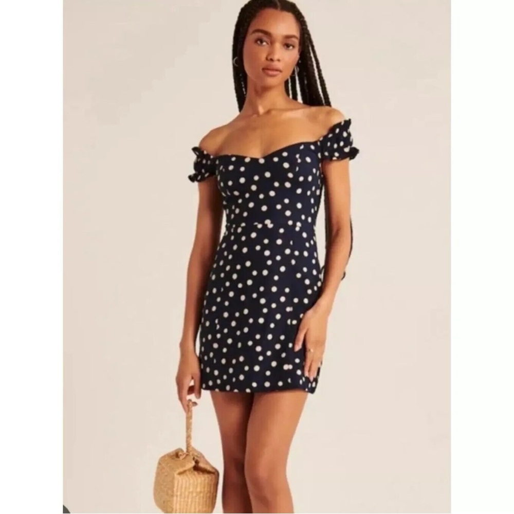Polka Dot Navy Blue Mini Dress Linen Blend Off Shoulder